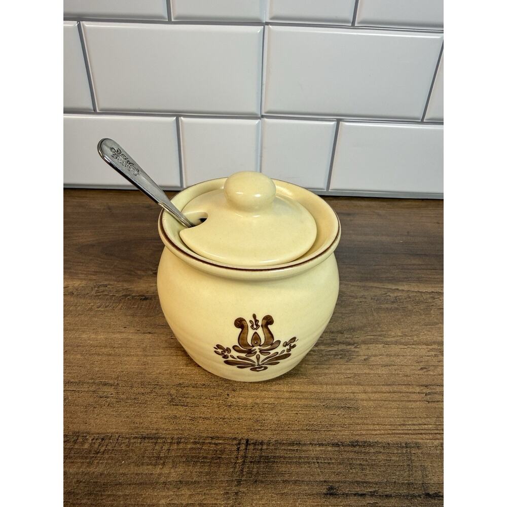 RARE Vintage Pfaltzgraff Village Jam/Jelly Jar Honey Pot with Lid & Spoon